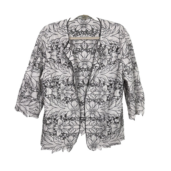 Peter Nygard 16 Black White Linen Floral Open Cut Out Blazer Jacket Open Front - Picture 1 of 5